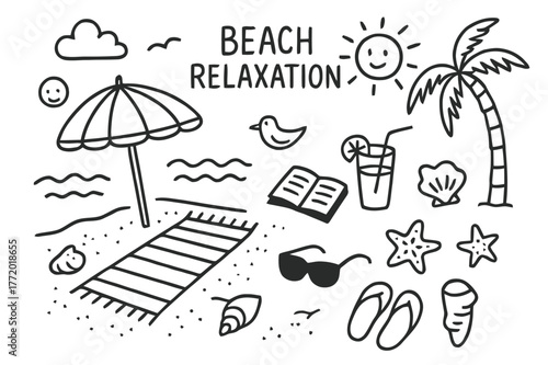 Beach Doodle Icons. Beach relaxation. Hand-drawn doodle illustration beach relaxation umbrella, towel, waves, palm tree, sun, seashell, drink, sunglasses,