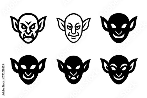 Fairy-Tale Creatures Logos. fairy-tale creatures. Set Logo of fairy-tale creatures: Goblin mask sigil. Icon set. harmonious logo variations of the same