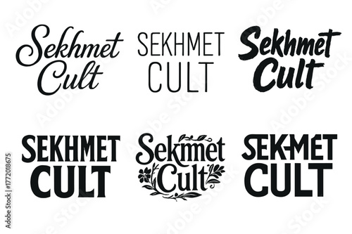 Sekhmet Lettering Variations. Sekhmet Cult. Set lettering. harmonious lettering variations of the same emblematic concept, each with different artistic