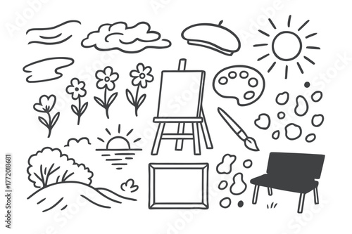Impressionist Doodle Icons. Impressionism. Hand-drawn doodle illustration impressionism paint strokes, soft clouds, flowers, palette, beret, easel, brush, sun,