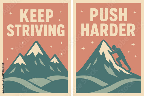 Retro Motivation Banners. Keep striving. Two vertical A6 banners with safe margins, centered composition, no elements touching edges, retro, pink and teal,