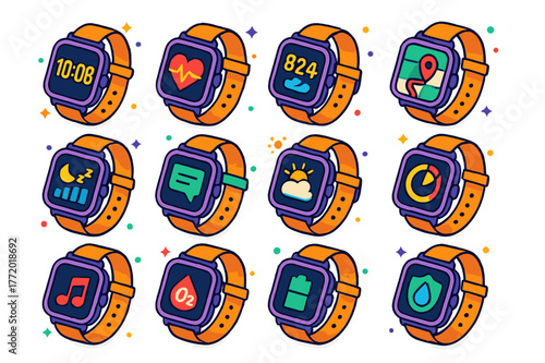 Smartwatch Feature Icons. Smartwatch features. Colorful isometric vector icons set of Smartwatch features: digital watch face, heart rate graph, step counter,
