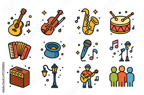 Isometric Busking Icons. Busking. Colorful isometric vector icons set of busking: guitar, violin, saxophone, drum, accordion, hat for tips, microphone, music