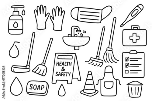 Health Safety Essentials. Health and safety setup. Hand-drawn doodle illustration Health and safety setup sanitizer bottle, gloves, mask, thermometer, sink,