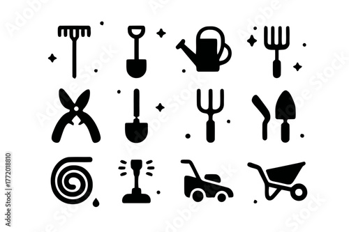 Gardening Tools Icons. Gardening tools. Solid icons set of Gardening tools: rake, shovel, watering can, garden fork, pruning shears, hoe, cultivator, trowel,