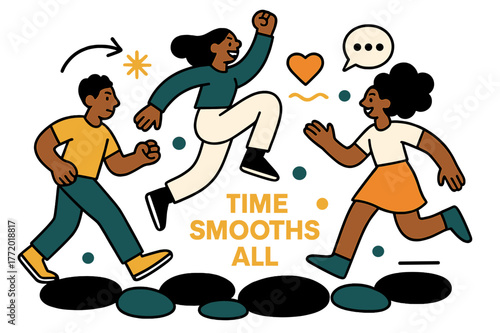 Riverbed Serenity. Pebble ? Riverbed Calm. Rounded pebbles overlap under clear rippling water; soft highlights shimmer across surfaces. Text ?time smooths all?