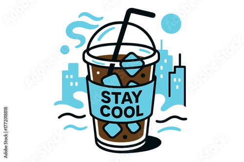 Iced Coffee Artistry. Iced Coffee To-Go. A straw swirls through cube-studded coffee; sleeve reads ?Stay Cool.? Vapor-waves recede as the city shimmers in soft