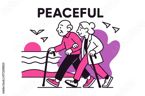 Peaceful Seaside Stroll. Old age ? Sunset seaside walk. Canes and sneakers step in rhythm; gulls reduce to triangle kites over rolling lines. The