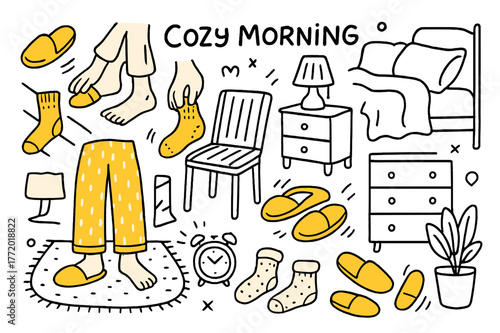 Cozy Morning Essentials. Cozy morning. Hand-drawn doodle illustration slippers (colored), feet (colored), hands (colored), socks (colored), chair (colored),
