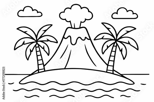Volcano Island Coloring Page. Island volcano children?s coloring book illustration, outlined drawing, a peaceful cone-shaped volcano on a tiny island with palm