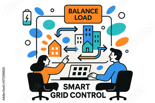Smart Grid Animation. Smart Grid Control. Operators watch simplified city blocks glow as power flows animate in arrows; ?Balance Load? pulses on a floating