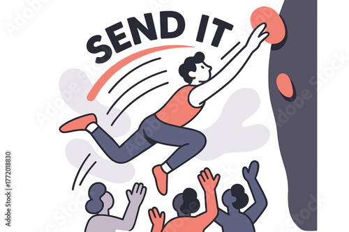 Dynamic Climbing Leap. Dyno to the Jug. Knees load, hands launch, the climber flies between holds; ?SEND IT? arcs with motion streaks. Spotters below glow as