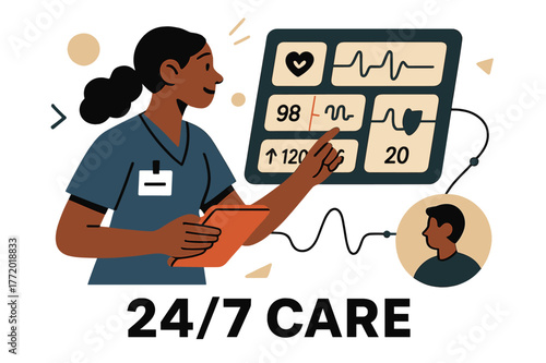 Remote Patient Monitoring. Healthcare Tech ? Remote Monitoring. A nurse watches a floating dashboard with live vitals; thin pulse lines connect to a patient