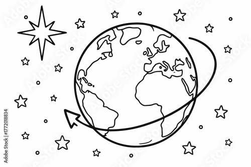 Earth's Rotation Coloring. Stars and Earth?s rotation children?s coloring book illustration, outlined drawing, a globe showing a curved arrow of rotation with