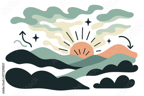 Serene Sunrise Hillscape. Rolling hills. Sunrise over rolling hills with abstract floating mist, rays, and sparkles; emphasizes peaceful morning, nature, and