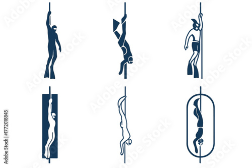 Freediving Logo Variations. Freediving. Set Logo of Freediving: diver along descent line. harmonious logo variations of the same emblematic concept, each with