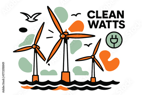 Offshore Wind Symphony. Offshore Wind Turbines. Slow-blade giants turn above gentle waves as seabirds trace tidy arcs; ?Clean Watts? hovers near a cable icon.