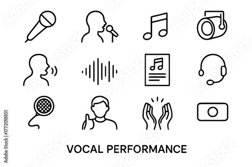 Vocal Performance Icons. Vocal Performance. Line icon set of Vocal Performance: microphone, singer silhouette, music notes, stage light, vocal warmup, sound