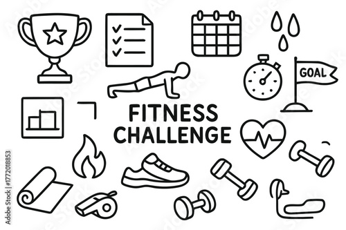 Fitness Challenge Icons. Fitness challenge. Hand-drawn doodle illustration fitness challenge trophy, checklist, calendar, push-up icon, stopwatch, sweat drops,