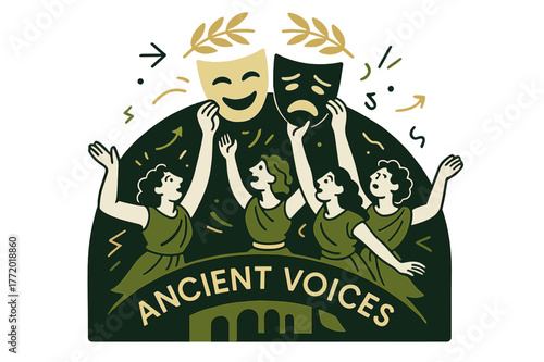 Masks and Myth. Amphitheater ? Masks & Myth. A chorus lifts comedy and tragedy masks; a laurel wreath icon arcs above. Caption ?Ancient Voices? glows along the