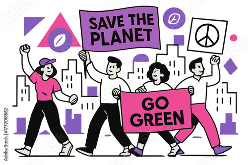 Lively Environmental March. Environmental Protests. Marchers carrying banners through city streets with floating abstract geometric shapes and environmental