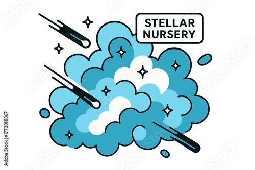 Stellar Nursery Illustration. Nebula ? Stellar Nursery. Gas clouds billow like cotton candy as tiny star icons ignite; a floating tag reads ?Stellar Nursery.?