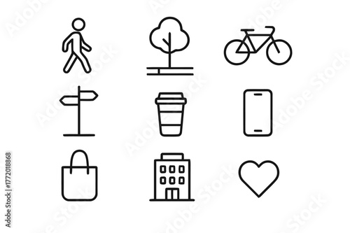 Urban Walk Icons. Urban stroll. Line icon set of urban stroll: person silhouette, dog, sidewalk, park tree, bicycle, street sign, coffee cup, phone, bag,