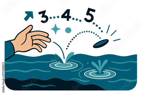 Skipping Stone Motion. Pebble ? Ocean Toss. A hand skips a stone across calm waves; concentric splash circles expand in rhythm. Text ?......? arcs with the
