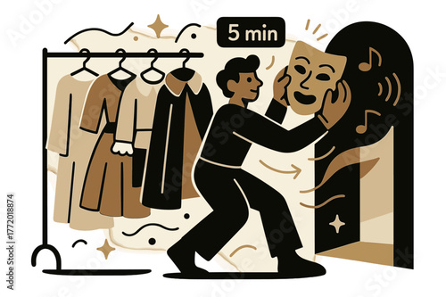 Backstage Theater Serenity. Amphitheater ? Backstage Calm. Costumes hang in tidy rows; a stagehand adjusts a mask while a tiny ? min? callout glows. Soft sound