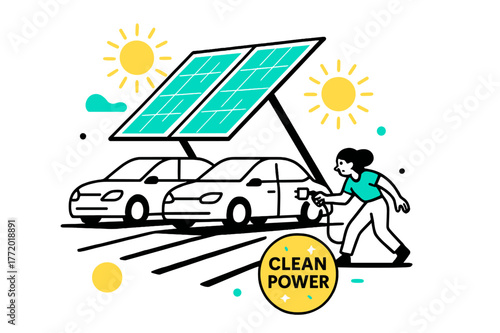 Solar Canopies Innovation. Green infrastructure ? Solar canopies over parking. Sun icons pulse above angled panels; drivers plug in while long shadows stripe