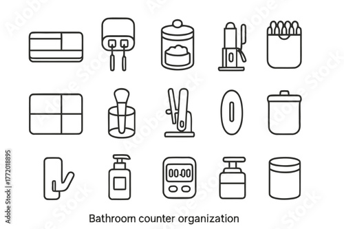 Bathroom Icon Collection. Bathroom counter organization. Line icon set of bathroom counter organization: modular tray, toothbrush UV holder, cotton jar, q-tip