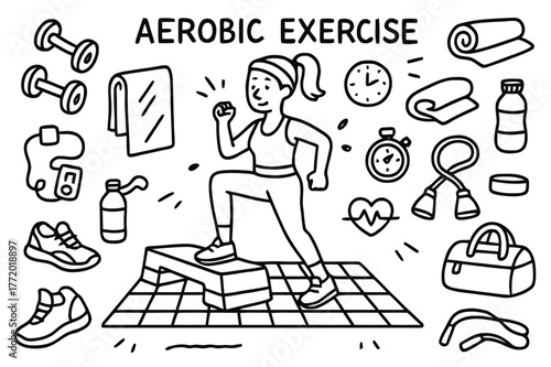 Aerobic Exercise Doodle. Aerobic Exercise. Hand-drawn doodle illustration Aerobic Exercise person stepping on platform, dumbbells, yoga mat, sneakers, water