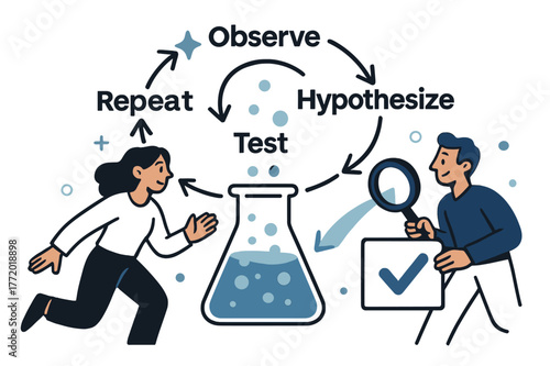 Scientific Method Cycle. Scientific method. A looped flow from ?Observe > Hypothesize > Test > Repeat? circles a beaker; checkmarks pop like stars. A