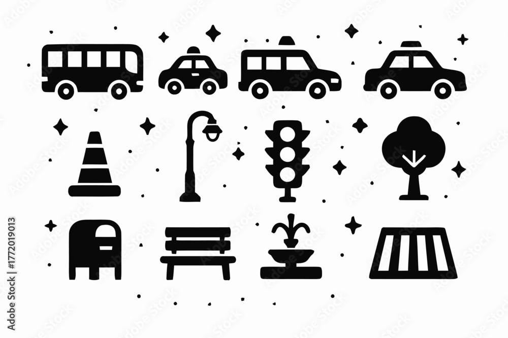 Fototapeta premium City Icons. City Elements. Solid icons set of City Elements: bus, police car, fire truck, taxi, construction cone, lamppost, stoplight, tree,