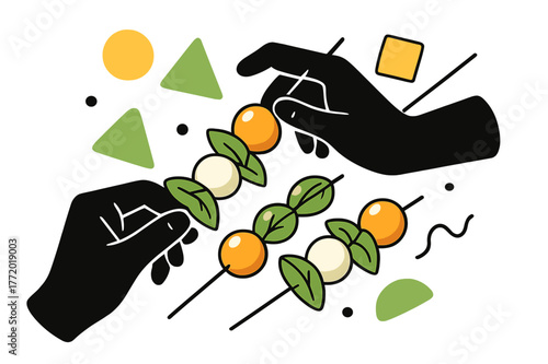 Dynamic Caprese Artistry. Caprese Skewers. Hands assembling caprese skewers with cherry tomatoes, mozzarella balls, and basil with floating abstract geometric