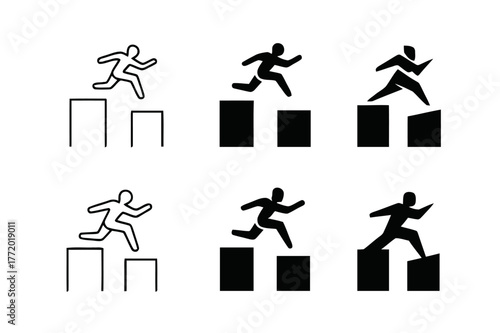 Urban Parkour Logos. Urban parkour. Set Logo of Urban parkour: rooftop leap silhouette. harmonious logo variations of the same emblematic concept, each with
