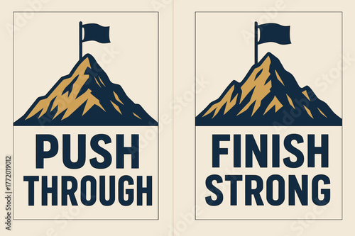 Motivational Mountain Banners. Perseverance. Two vertical A6 banners with safe margins, centered composition, no elements touching edges, bold, navy and gold,