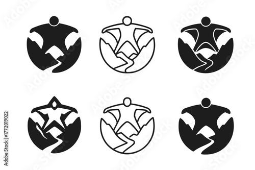 Wingsuit Logo Variations. Wingsuit flying. Set Logo of Wingsuit flying: flyer slicing through valley. harmonious logo variations of the same emblematic