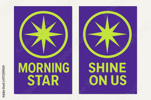 Morning Star Banners. Morning Star. Two vertical A6 banners with safe margins, centered composition, no elements touching edges, geometric, royal purple and
