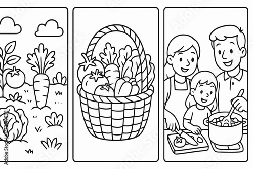 Farm to Table Journey. Farm to table journey children?s coloring book illustration, outlined drawing, three panels showing a garden, a market basket, and a