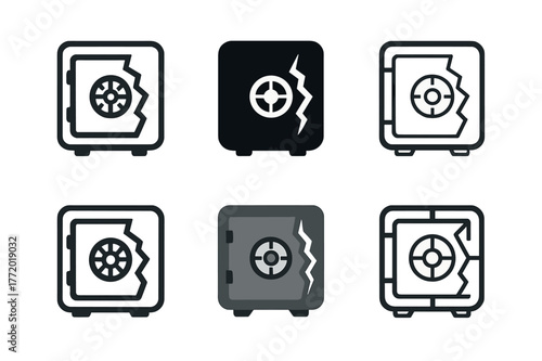 Cyber Security Logos. Cyber loss risk. Set Logo of Cyber loss risk: data vault with breach. harmonious logo variations of the same emblematic concept, each