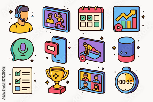 Digital Fitness Icons. Digital fitness coaching. Colorful isometric vector icons set of Digital fitness coaching: online trainer avatar, video call workout,