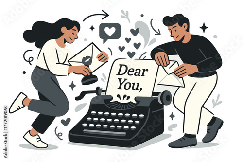 Typewriter Love Letters. Typewriter love letters. Keys jump like tiny hearts as a page curls out; ?Dear You,? glows on the first line. He seals an envelope