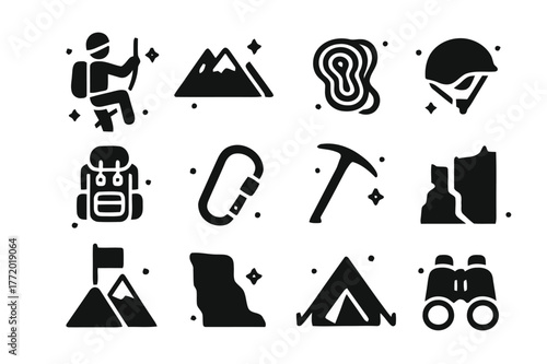 Mountain Climbing Icons. Mountain Climbers. Solid icons set of Mountain Climbers: climber, mountain, rope, helmet, backpack, carabiner, ice axe, crampons,