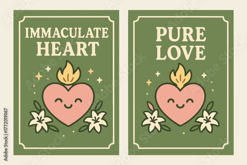 Immaculate Heart Banners. Immaculate Heart. Two vertical A6 banners with safe margins, centered composition, no elements touching edges, kawaii, olive green