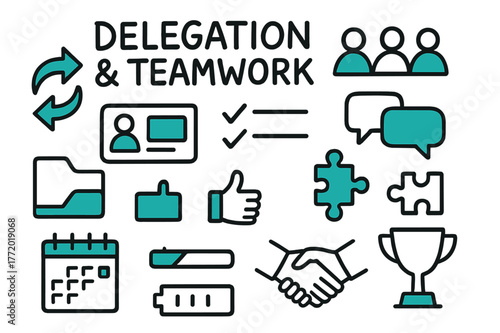 Teamwork Illustrated Icons. // Delegation & teamwork. Hand-drawn doodle illustration Delegation & teamwork [handoff arrows (accented), group avatars