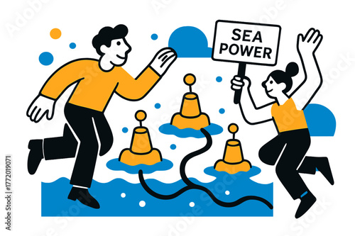 Tidal Energy Illustration. Tidal & Wave Energy. Bobbing floats rhythmically pump as a submarine cable snakes to shore; a tag says ?Sea Power.? Foam dots