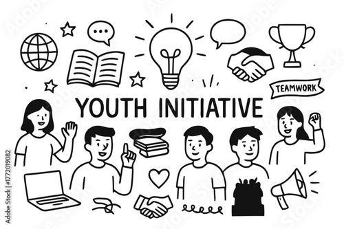 Youth Initiative Doodle. Youth Initiative. Hand-drawn doodle illustration Youth Initiative young people, lightbulb, books, laptop, banner, globe, stars, speech