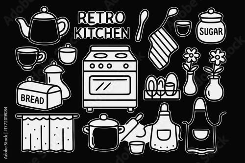 Retro Kitchen Doodling. Retro kitchen decor. Hand-drawn doodle illustration Retro kitchen decor teapot, kettle, cup, sugar jar, spoon, towel, pot, stove, dish