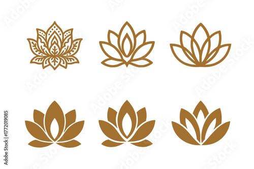 Lotus Flower Logos. Asia. Set Logo of Asia: Lotus flower mandala. Icon set. harmonious logo variations of the same emblematic concept, each with different